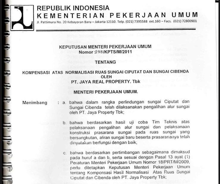 Ket. Gambar : Kepmen Terkait Pengalihan Sungai Ciputat dan Sungai Cibenda / Foto : Istimewa